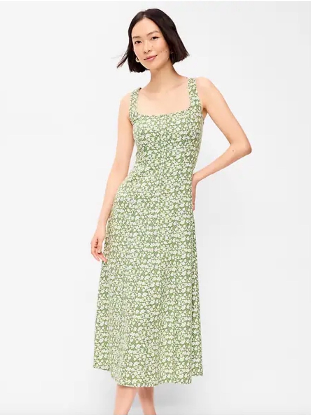 Green Floral Square-Neck linen blend Midi Dress